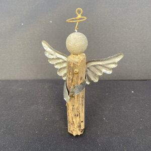 Handmade Driftwood Angel Figurine Rustic Beach Wood with Tin Wings Folk Art